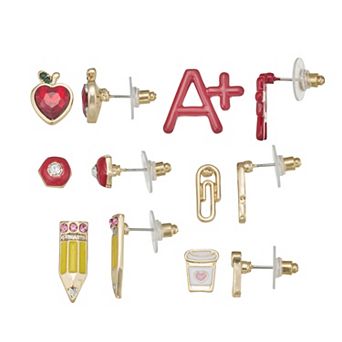 Gold Tone Back to School 6-Pair Earring Set