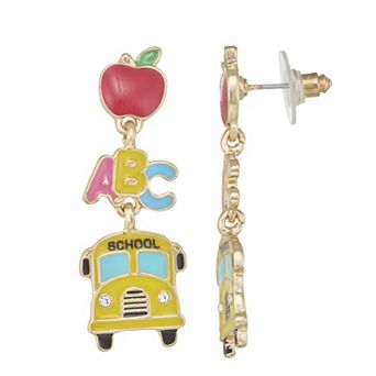 Gold Tone Back to School ABC Bus Dangle Earrings