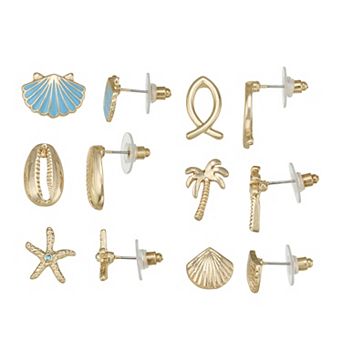 Gold Tone Sealife 6-Pair Earring Set