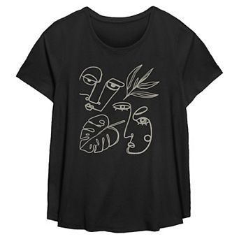 Plus Size Missy Plus Minimalist Faces & Leaves Short Sleeve Scoop Hem Flow Tee