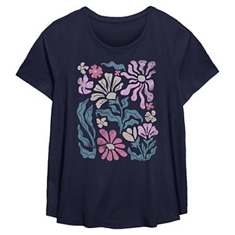 Plus Size Missy Plus Groovy Flowers Short Sleeve Scoop Hem Flow Tee