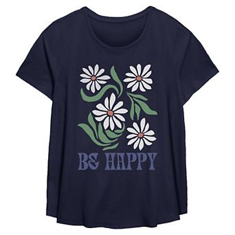 Plus Size Missy Be Happy Daisies Short Sleeve Scoop Hem Flow Tee