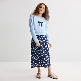 Girls 7-16 IZ Byer Long Sleeve Off Shoulder Popover Sweatshirt & Printed Dress Set