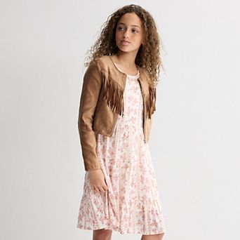 Girls 7-16 IZ Byer Printed Tiered Power Mesh Dress & Fringe Jacket Set