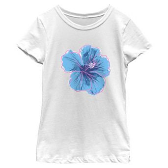 Girls' Blue Hibiscus Short Sleeve Crew Tee