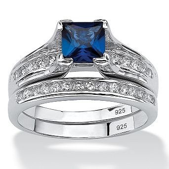 PalmBeach Jewelry 1.45 TCW Blue Sapphire CZ Platinum-plated Sterling Silver 2 pc Bridal Set