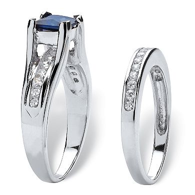 PalmBeach Jewelry 1.45 TCW Blue Sapphire CZ Platinum-plated Sterling Silver 2-Piece Bridal Set