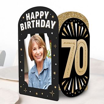 Big Dot of Happiness 70th Birthday Photo Holder Centerpieces, 4x6 Picture Display Black & Gold, 8 ct