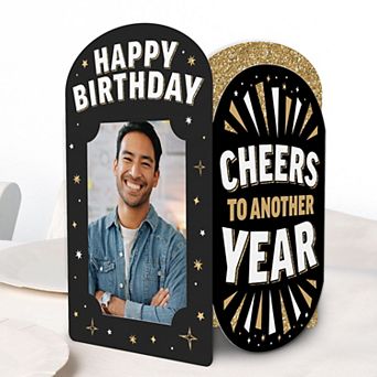 Big Dot of Happiness Happy Birthday Photo Holder Centerpieces 4x6 Picture Display Black & Gold, 8 ct