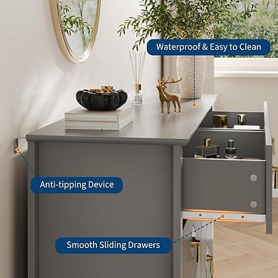 Modern Fluted Six Drawer Dresser with Metal Handles and Splayed Base