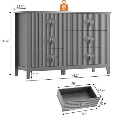 Modern Fluted Six Drawer Dresser with Metal Handles and Splayed Base