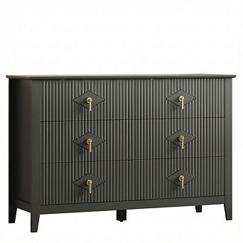 Modern Fluted Six Drawer Dresser with Metal Handles and Splayed Base