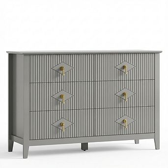 Modern Fluted Six Drawer Dresser with Metal Handles and Splayed Base