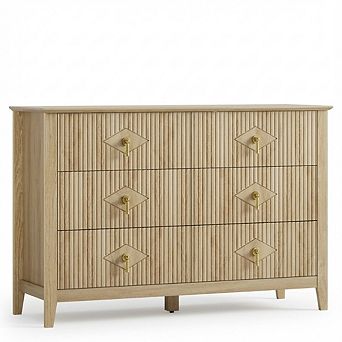 Modern Fluted Six Drawer Dresser with Metal Handles and Splayed Base