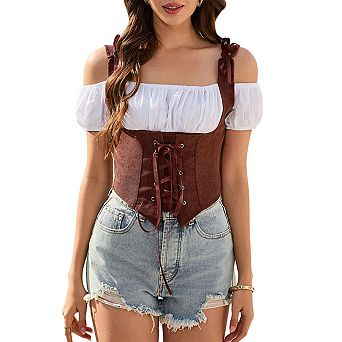 Women Costume Fake Two Piece Strappy Vintage Corset Vest Pirate Steampunk Gothic Tank Top