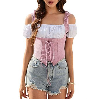 Women Costume Fake Two Piece Strappy Vintage Corset Vest Pirate Steampunk Gothic Tank Top