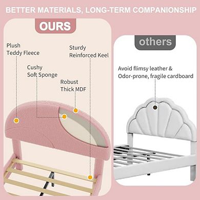Boucle Upholstered Bed Frame with Round Headboard and Wood Slats