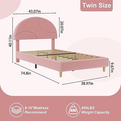 Boucle Upholstered Bed Frame with Round Headboard and Wood Slats