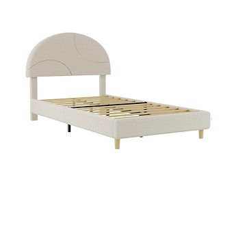 Boucle Upholstered Bed Frame with Round Headboard and Wood Slats