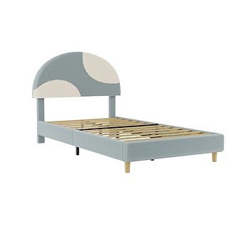 Boucle Upholstered Bed Frame with Round Headboard and Wood Slats