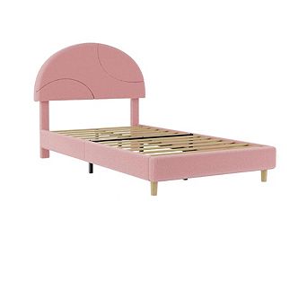 Boucle Upholstered Bed Frame with Round Headboard and Wood Slats