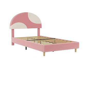 Boucle Upholstered Bed Frame with Round Headboard and Wood Slats