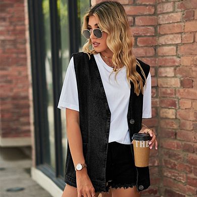 Women's Plus Size Denim Vest Casual Mid Long Jean Vests Sleeveless Button Waistcoat With Pockets