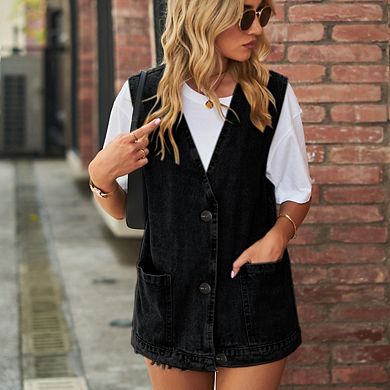 Women's Plus Size Denim Vest Casual Mid Long Jean Vests Sleeveless Button Waistcoat With Pockets
