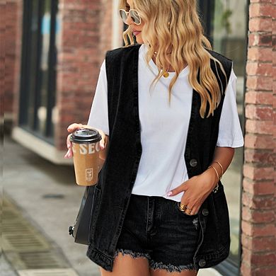 Women's Plus Size Denim Vest Casual Mid Long Jean Vests Sleeveless Button Waistcoat With Pockets