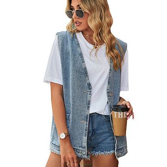 Women's Plus Size Denim Vest Casual Mid Long Jean Vests Sleeveless Button Waistcoat With Pockets