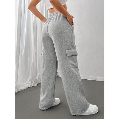 Women's Solid Drawstring Waist Wide Leg Sweatpant Casual Fit High Waist Straight Pants