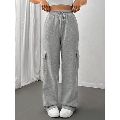 Women's Solid Drawstring Waist Wide Leg Sweatpant Casual Fit High Waist Straight Pants