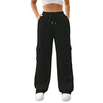 Women's Solid Drawstring Waist Wide Leg Sweatpant Casual Fit High Waist Straight Pants