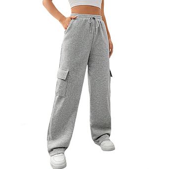 Women's Solid Drawstring Waist Wide Leg Sweatpant Casual Fit High Waist Straight Pants