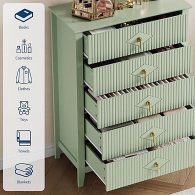 Modern Fluted Dresser with 5 Drawers and Metal Handles