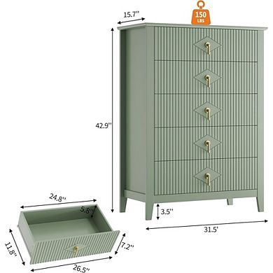 Modern Fluted Dresser with 5 Drawers and Metal Handles