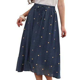 Vintage Polka Dots Skirt for Women's Casual Pleated A-Line Elastic Waist Midi Skirts