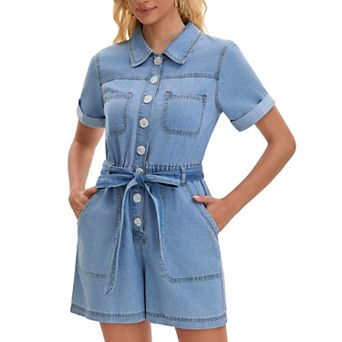 Womens Short Sleeve Denim Romper Button Down Elastic Waist Jean Jumpsuit Shorts
