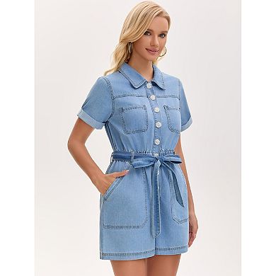 Womens Short Sleeve Denim Romper Button Down Elastic Waist Jean Jumpsuit Shorts