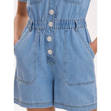Womens Short Sleeve Denim Romper Button Down Elastic Waist Jean Jumpsuit Shorts