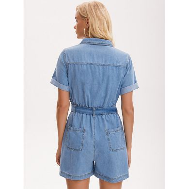 Womens Short Sleeve Denim Romper Button Down Elastic Waist Jean Jumpsuit Shorts