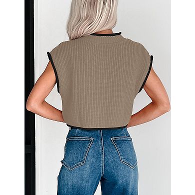 Women's Cropped Sleeveless Top Ribbed High Neck Knit Tank