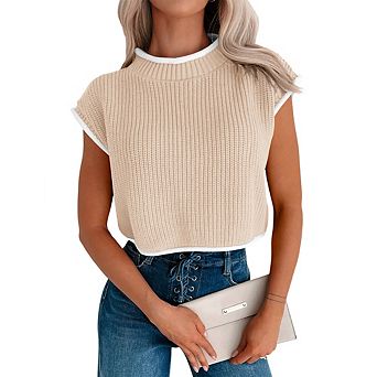 Women's Cropped Sleeveless Top Ribbed High Neck Knit Tank