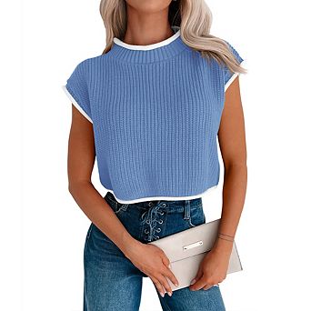 Women's Cropped Sleeveless Top Ribbed High Neck Knit Tank