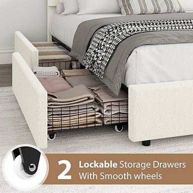 Boucle Upholstered Platform Bed with Storage Drawers and Round Headboard
