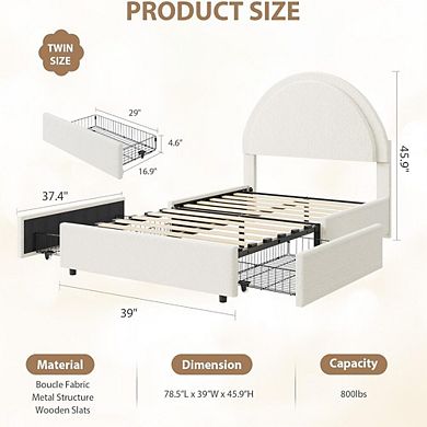 Boucle Upholstered Platform Bed with Storage Drawers and Round Headboard