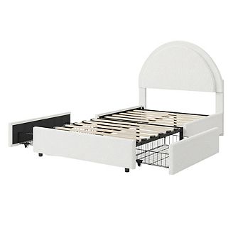 Boucle Upholstered Platform Bed with Storage Drawers and Round Headboard
