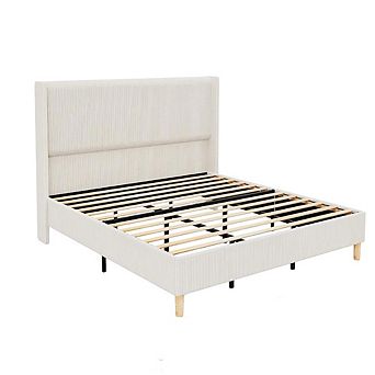 Corduroy Upholstered Bed Frame with Wingback Headboard and Wooden Slats