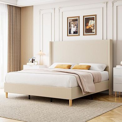 Corduroy Upholstered Bed Frame with Wingback Headboard and Wooden Slats