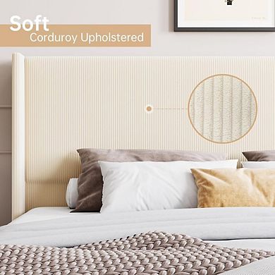 Corduroy Upholstered Bed Frame with Wingback Headboard and Wooden Slats
